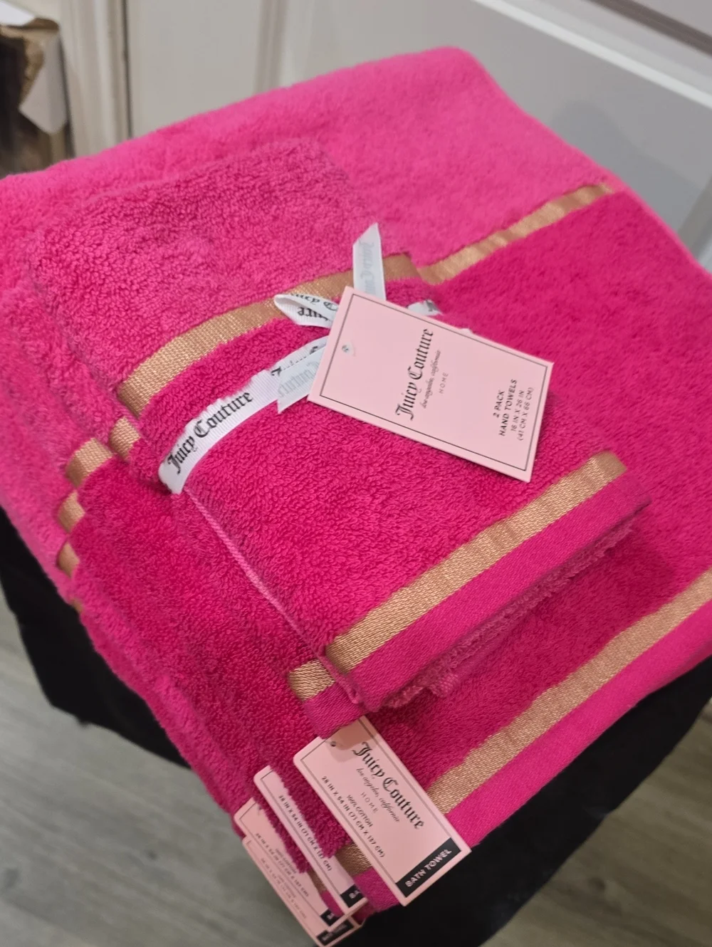 Juicy Couture Home Gold Embroidered Double Stripe Plush Bath & Hand Towel Set